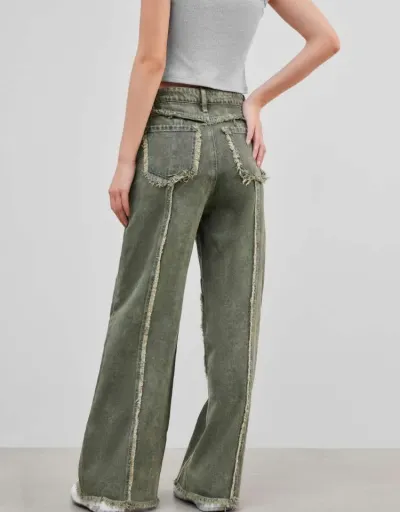 Replica Washed Denim Fuzzy Trim Distressed Jeans #802196 $65.63 USD for Wholesale