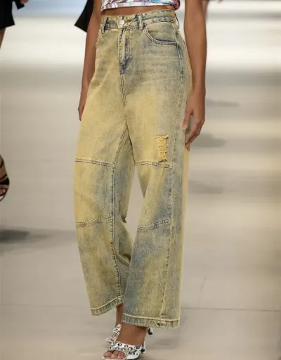 Replica Distressed Straight Denim Ripped Jeans #802198 $57.30 USD for Wholesale