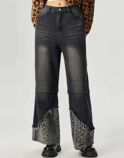 Distressed Leopard Patch Straight Denim Jeans #802199 $56.95 USD, Wholesale Fashion Jeans