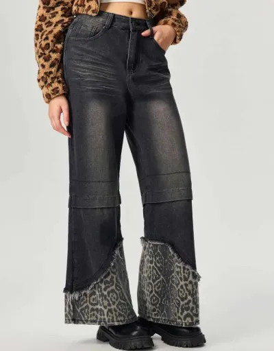 Replica Distressed Leopard Patch Straight Denim Jeans #802199 $56.95 USD for Wholesale