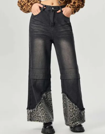 Replica Distressed Leopard Patch Straight Denim Jeans #802199 $56.95 USD for Wholesale