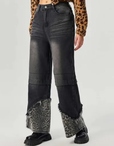 Replica Distressed Leopard Patch Straight Denim Jeans #802199 $56.95 USD for Wholesale