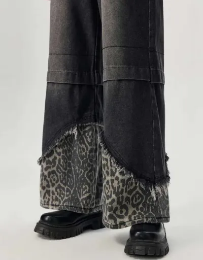 Replica Distressed Leopard Patch Straight Denim Jeans #802199 $56.95 USD for Wholesale