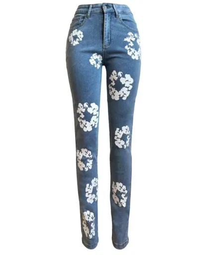 Replica Floral Print Denim Patchwork Straight Jeans #802202 $47.49 USD for Wholesale