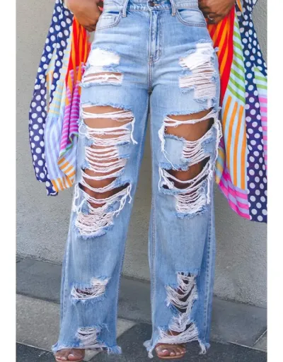 Distressed Ripped Leisure Denim Plus Size Jeans #802204 $42.75 USD, Wholesale Fashion Jeans