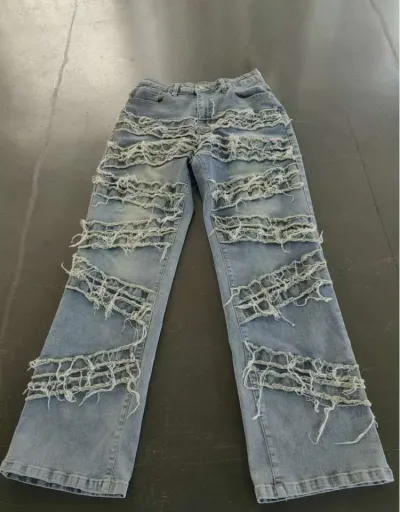 Replica Fuzzy Trim Denim High Rise Jeans #802206 $59.22 USD for Wholesale