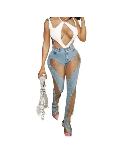 Replica Gauze Denim See Through Bodycon Plus Size Jeans #802208 $67.34 USD for Wholesale