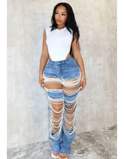 Faux Pearl Ripped Denim Chain Plus Size Jeans #802217 $72.52 USD, Wholesale Fashion Jeans