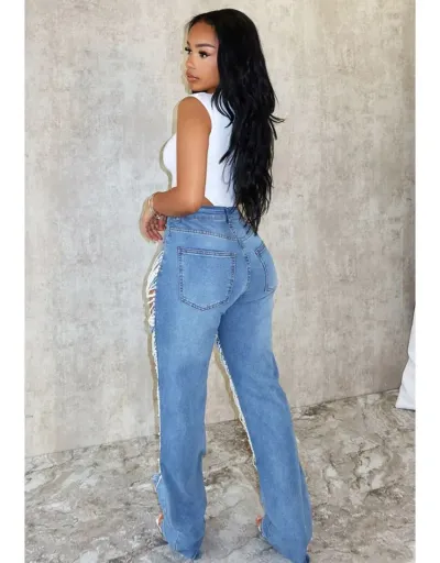 Replica Faux Pearl Ripped Denim Chain Plus Size Jeans #802217 $72.52 USD for Wholesale