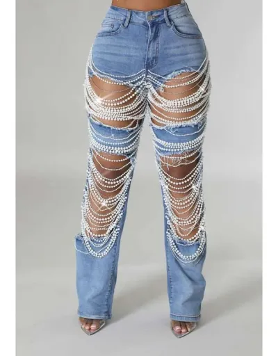 Replica Faux Pearl Ripped Denim Chain Plus Size Jeans #802217 $72.52 USD for Wholesale