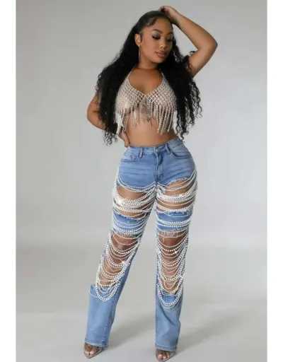 Replica Faux Pearl Ripped Denim Chain Plus Size Jeans #802217 $72.52 USD for Wholesale