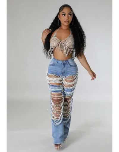 Replica Faux Pearl Ripped Denim Chain Plus Size Jeans #802217 $72.52 USD for Wholesale