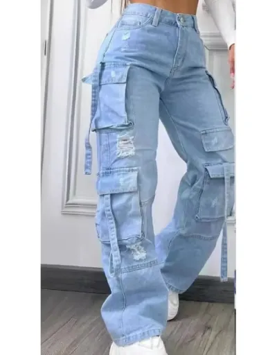 Patchwork High Rise Cargo Jeans #802221 $56.10 USD, Wholesale Fashion Jeans