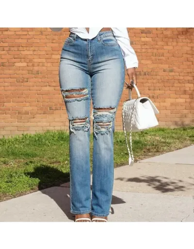 Washed Denim Distressed Fitted Jeans #802226 $48.46 USD, Wholesale Fashion Jeans