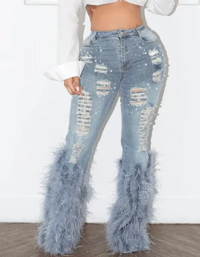 Faux Pearl Feather Denim Ripped Jeans #802227 $80.44 USD, Wholesale Fashion Jeans