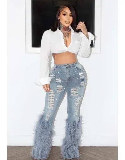 Replica Faux Pearl Feather Denim Ripped Jeans #802227 $80.44 USD for Wholesale