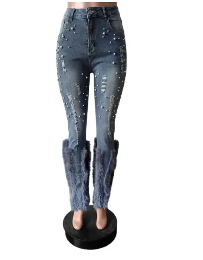 Replica Faux Pearl Feather Denim Ripped Jeans #802227 $80.44 USD for Wholesale