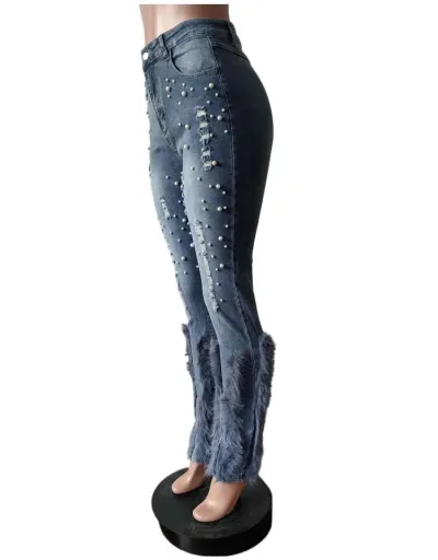 Replica Faux Pearl Feather Denim Ripped Jeans #802227 $80.44 USD for Wholesale