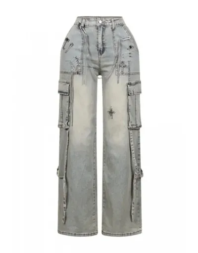 Replica Metal Decor Patchwork High Rise Jeans #802229 $81.89 USD for Wholesale