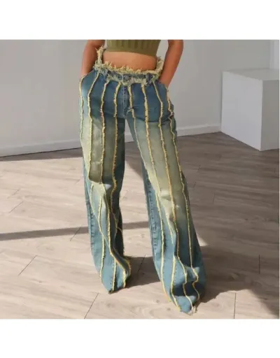 Distressed Fuzzy Trim Washed Denim Jeans #802231 $85.57 USD, Wholesale Fashion Jeans