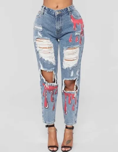 Ripped Denim Printed Bodycon Jeans #802237 $62.08 USD, Wholesale Fashion Jeans