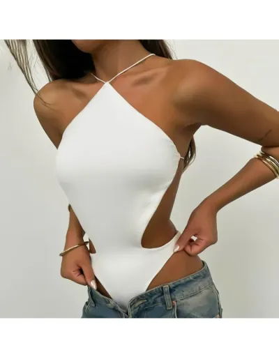 Replica Hollow Out Halter Backless Lace Up Bodysuits #802259 $23.84 USD for Wholesale