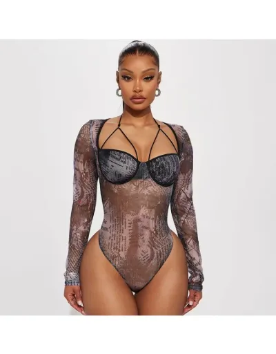 Letter Print See Through Halter Bodysuits #802264 $23.27 USD, Wholesale Fashion Bodysuits