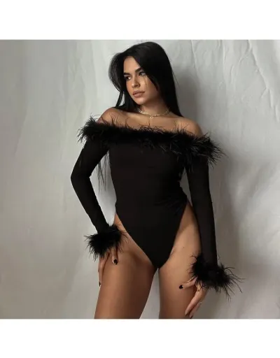 Fluff Long Sleeve Off Shoulder Bodysuits #802272 $32.37 USD, Wholesale Fashion Bodysuits