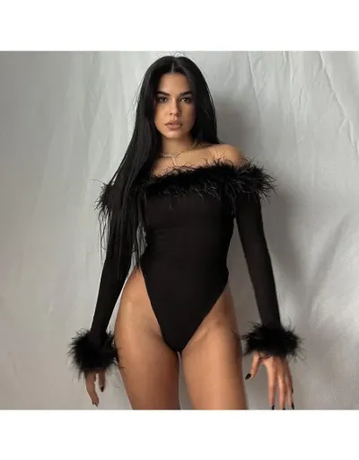 Replica Fluff Long Sleeve Off Shoulder Bodysuits #802272 $32.37 USD for Wholesale