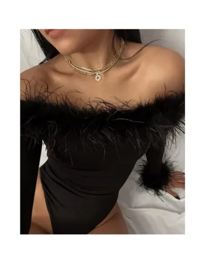 Replica Fluff Long Sleeve Off Shoulder Bodysuits #802272 $32.37 USD for Wholesale