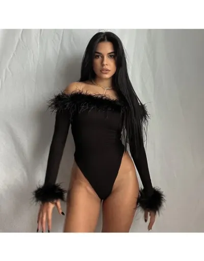 Replica Fluff Long Sleeve Off Shoulder Bodysuits #802272 $32.37 USD for Wholesale