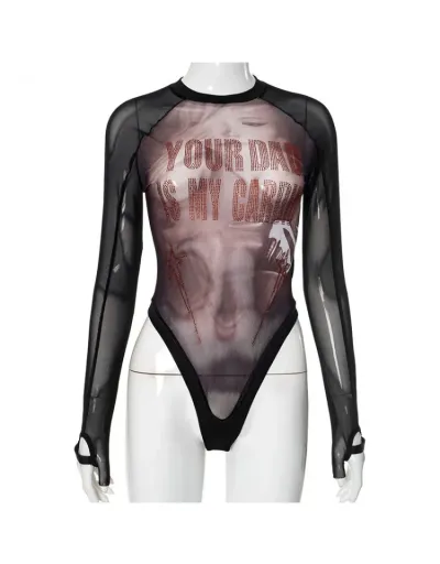 Replica Rhinestones Printed Sheer Fitted Bodysuits #802277 $30.55 USD for Wholesale