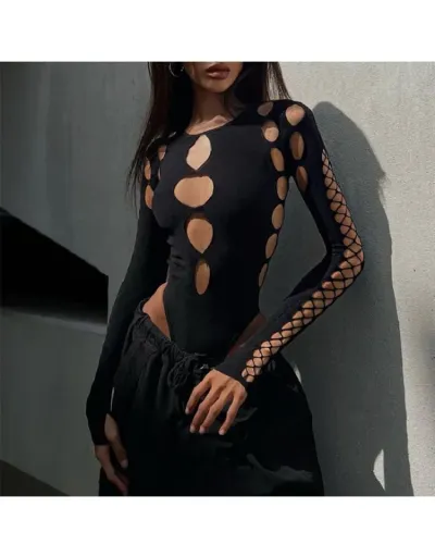 Replica Hollow-out Bodycon Black Bodysuits #802281 $22.08 USD for Wholesale