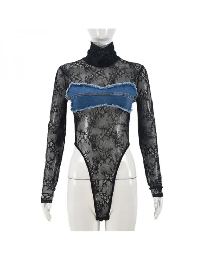 Replica Denim Lace See Through Turtleneck Bodysuits #802293 $33.91 USD for Wholesale