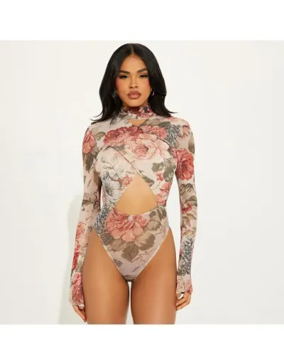 Floral Hollow-out Wrap Fitted Bodysuits #802296 $37.18 USD, Wholesale Fashion Bodysuits