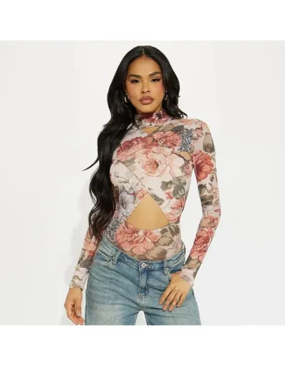 Replica Floral Hollow-out Wrap Fitted Bodysuits #802296 $37.18 USD for Wholesale