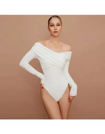 Ruched Off Shoulder High Rise Bodysuits #802304 $25.57 USD, Wholesale Fashion Bodysuits