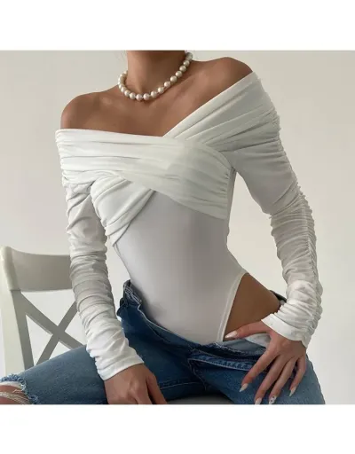 Replica Ruched Off Shoulder High Rise Bodysuits #802304 $25.57 USD for Wholesale