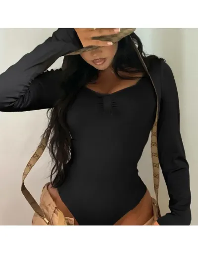 Ruched Long Sleeve Black Bodysuit #802310 $20.08 USD, Wholesale Fashion Bodysuits