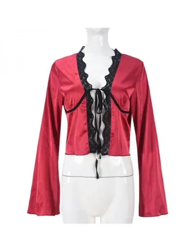 Replica Satin Lacework V Neck Tie-wrap Blouses #802340 $31.73 USD for Wholesale