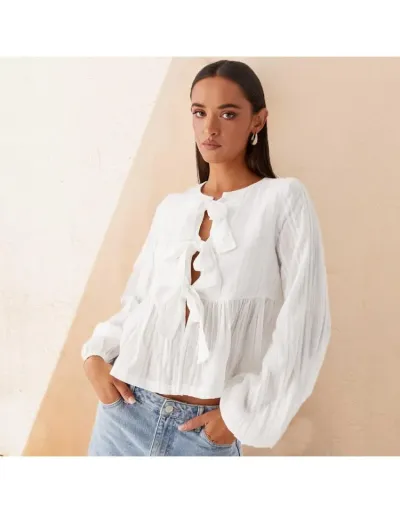 Loose Tie-wrap Lantern Sleeve Blouses #802341 $35.96 USD, Wholesale Fashion Blouses