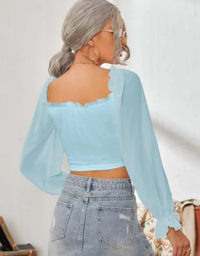 Replica Solid Color Square Neck Fitted Blouses #802353 $25.49 USD for Wholesale