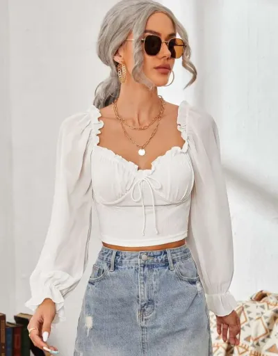 Replica Solid Color Square Neck Fitted Blouses #802353 $25.49 USD for Wholesale