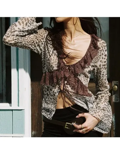 Replica Lace Detail Leopard Long Sleeve Blouses #802360 $28.75 USD for Wholesale