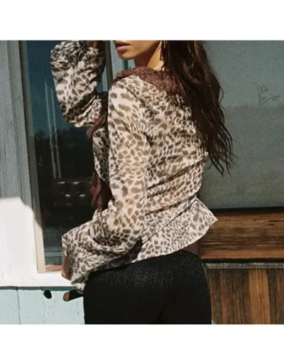 Replica Lace Detail Leopard Long Sleeve Blouses #802360 $28.75 USD for Wholesale