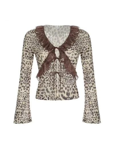 Replica Lace Detail Leopard Long Sleeve Blouses #802360 $28.75 USD for Wholesale