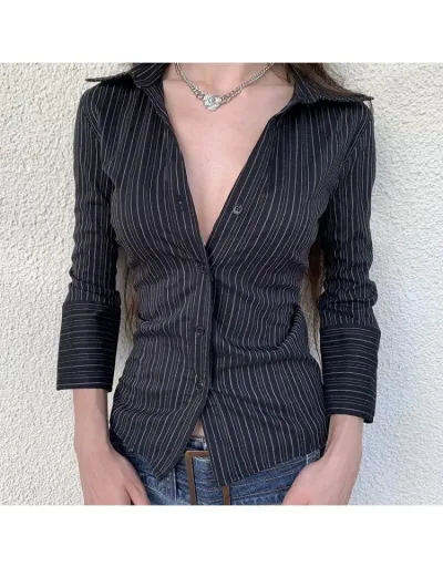 Striped Ruched Long Sleeve Black Blouse
 #802363 $30.26 USD, Wholesale Fashion Blouses