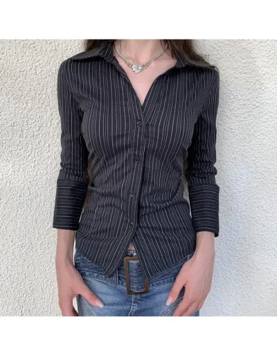 Replica Striped Ruched Long Sleeve Black Blouse
 #802363 $30.26 USD for Wholesale