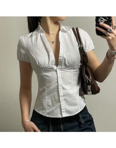 Solid Color Ruched Single Breasted Blouses #802370 $25.55 USD, Wholesale Fashion Blouses