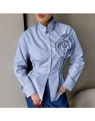 Replica Striped Stereo Flower Patchwork Long Sleeve Blouses #802374 $37.40 USD for Wholesale